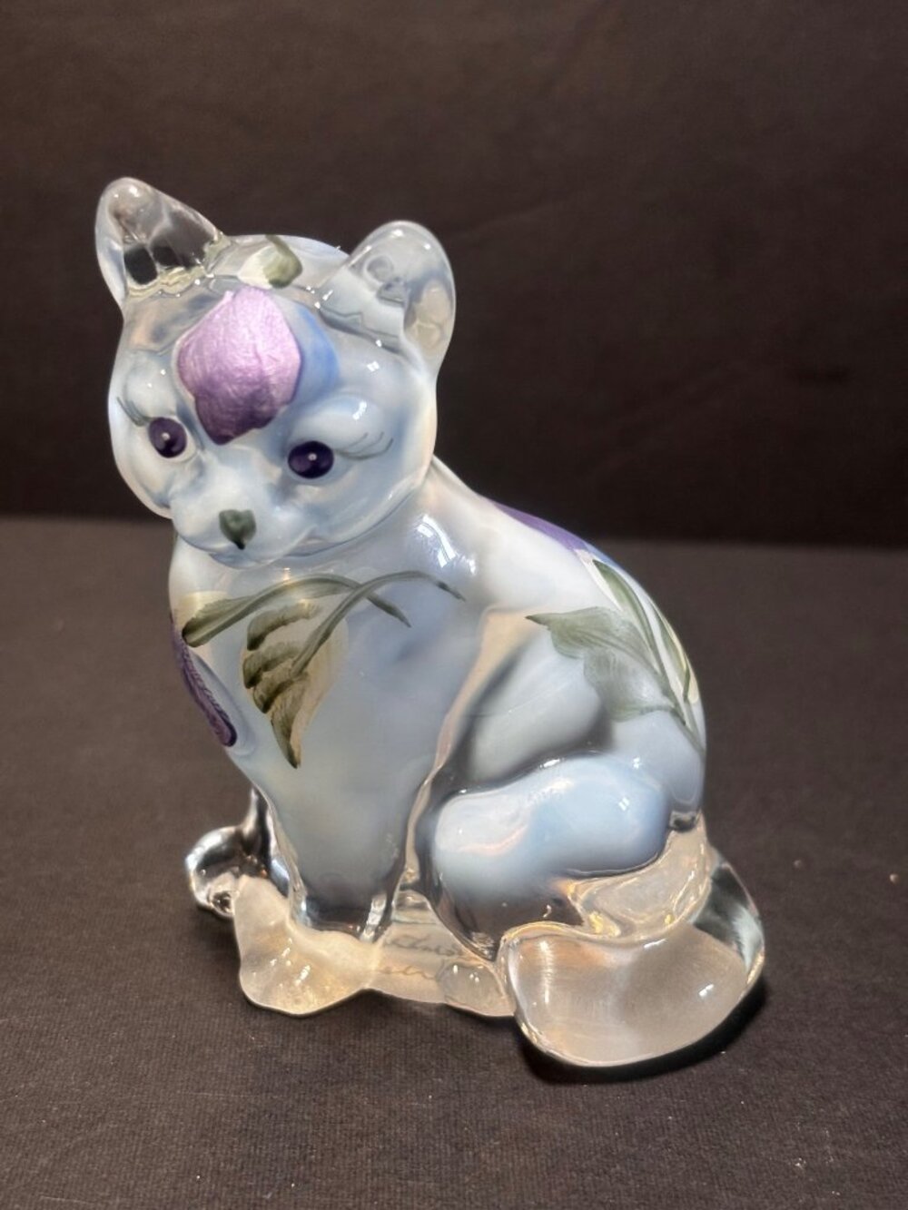 Fenton Hand-Painted By D. Fredrick Glass Cat Figurine Lavender Floral Design VTG